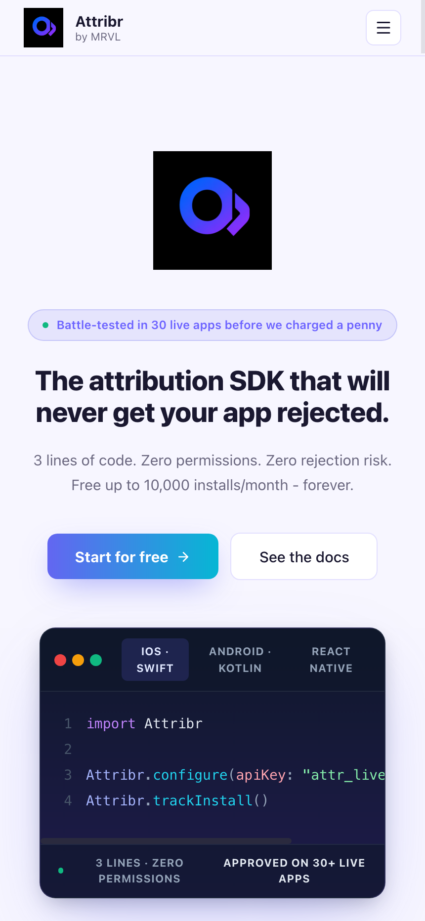 Attribr homepage showing the Start for free call to action