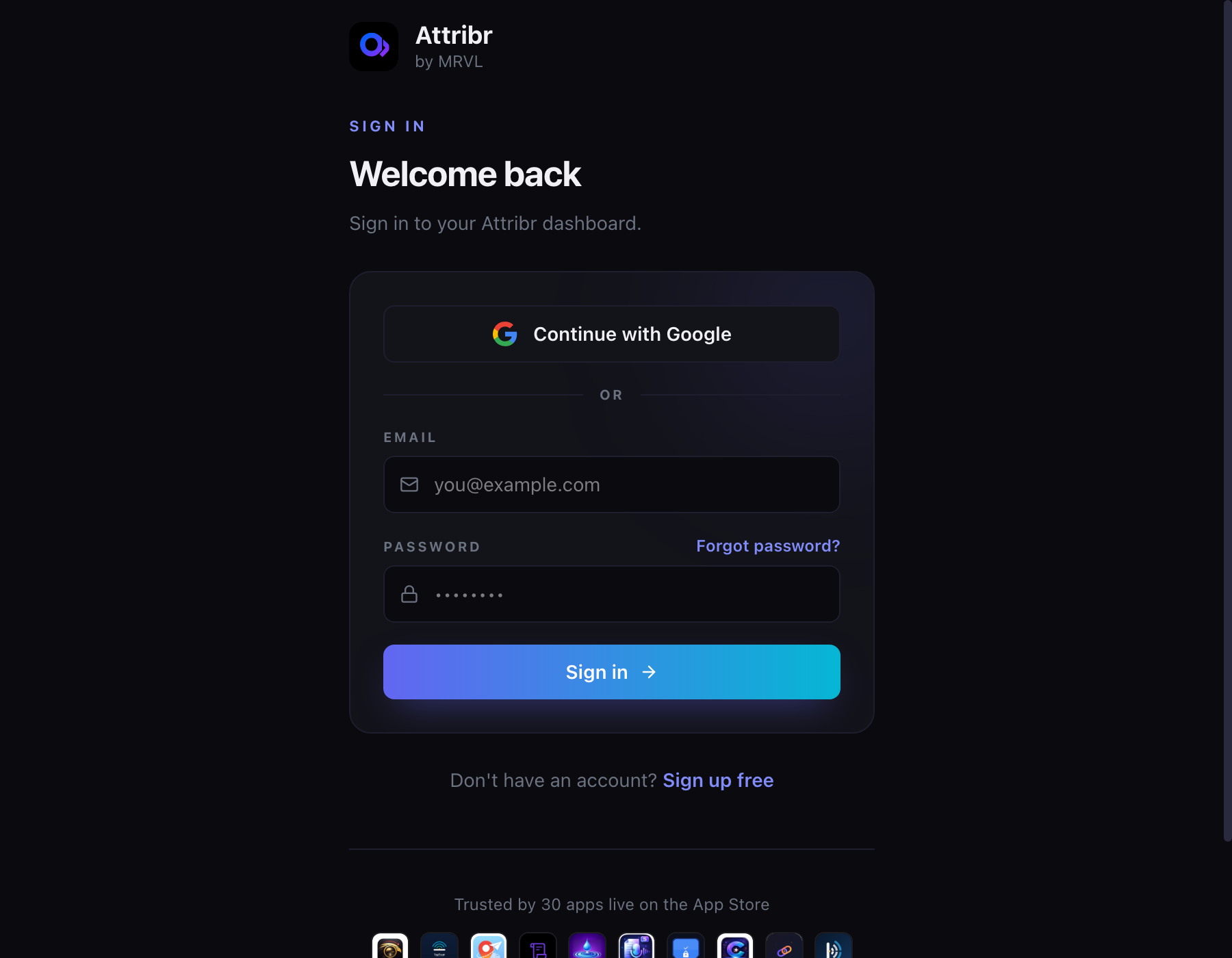 Attribr sign in and sign up page, with a Sign up free link and email/password fields
