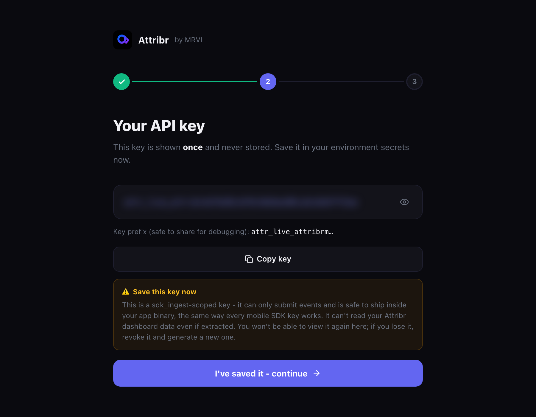 Attribr API key screen with the key hidden behind a mask and only the safe-to-share prefix shown