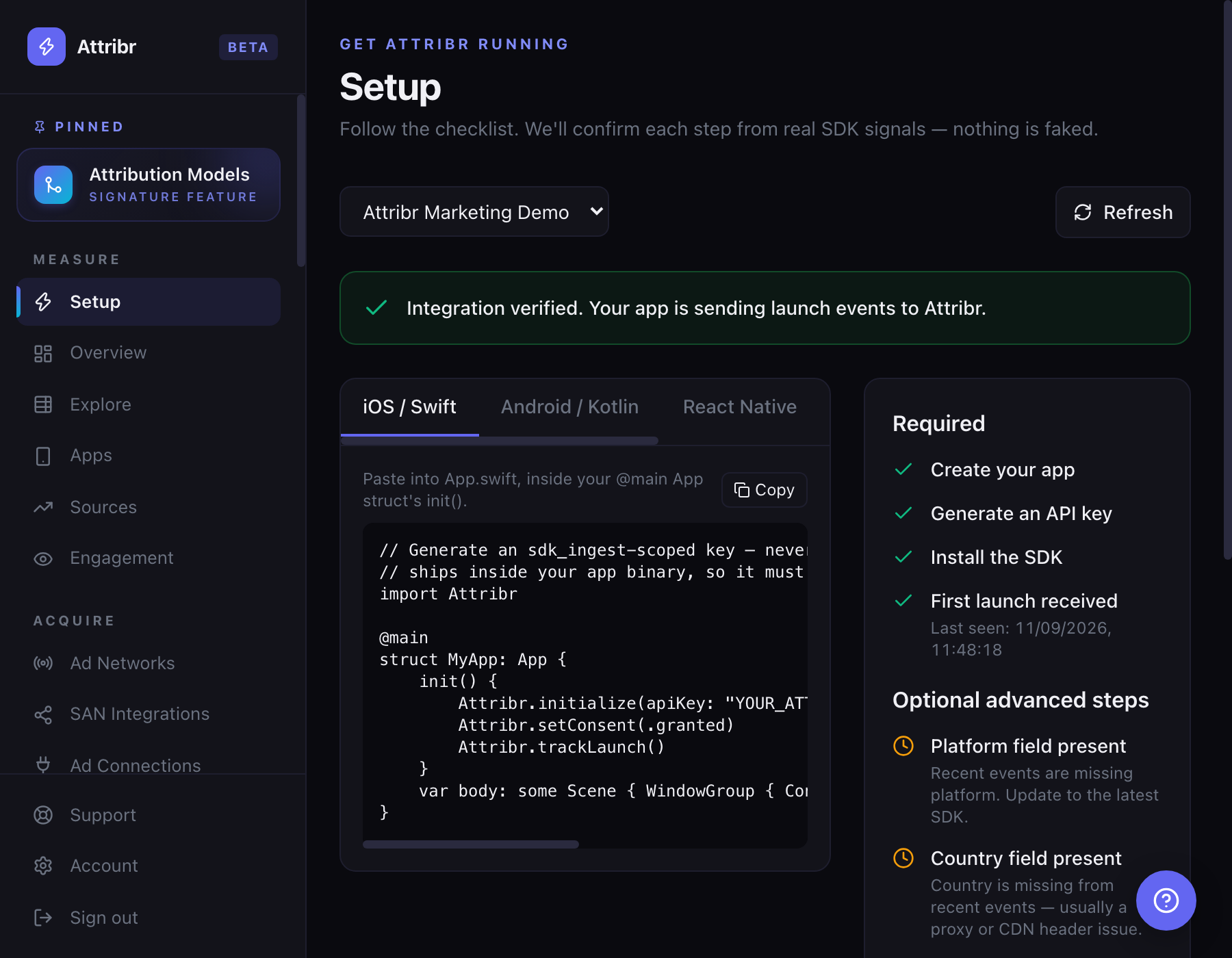 Attribr Setup checklist with Create your app, Generate an API key, Install the SDK, and First launch received all checked off